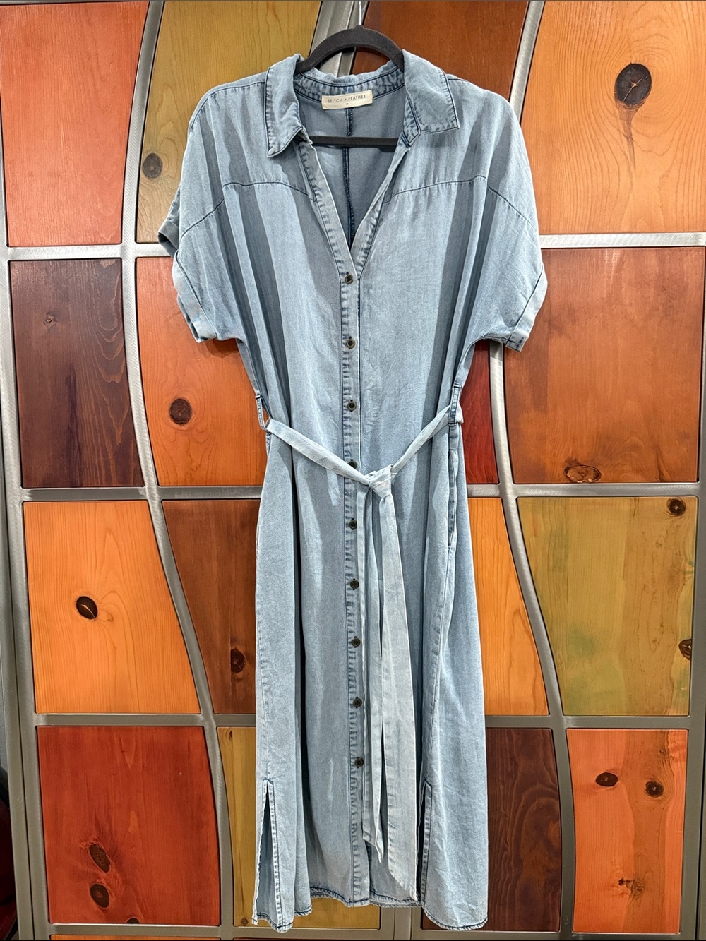 Light Blue Denim Midi Shirt Dress with Tie Waist
